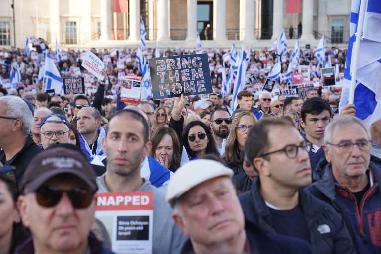 Members of the Jewish community attend a Solidarity Rally in Trafalgar Square, central London, calling for the safe return of hostages and to highlight the effect of the Hamas attacks on Israel. Picture date: Sunday October 22, 2023. (Photo by Lucy North/PA Images via Getty Images)