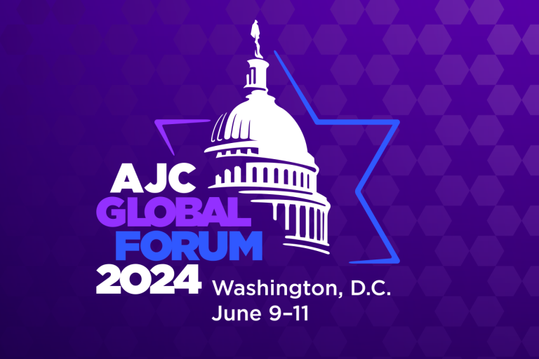 Graphic saying AJC Global Forum 2024 - Washington, D.C. - June 9-11 on a purple background with Stars of David