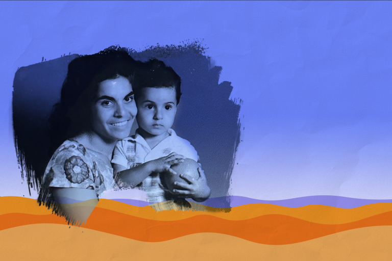 Photo of Adiel Cohen's grandmother Sarah smiling with her son Itamar, paintbrush effect around the photo, laid over a graphic representation of the desert