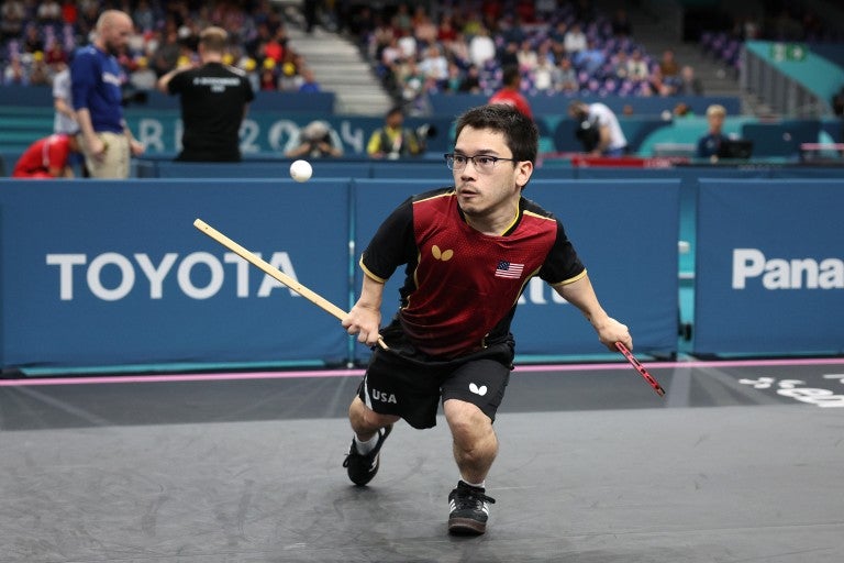 Ian Seidenfeld of Team United States returns a shot to Matteo Parenzan of Team Italy during their Men's Singles - MS6 - Semifinal 2 on day eight of the Paris 2024 Summer Paralympic Games at South Paris Arena on September 05, 2024 in Paris, France.