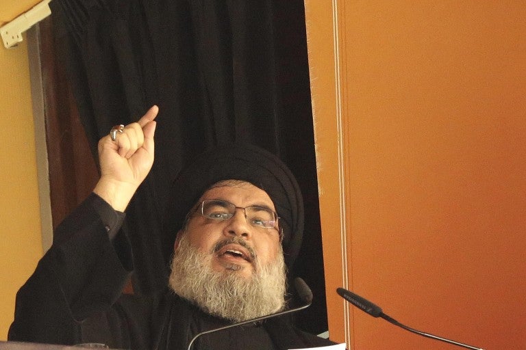 Secretary-General of Hezbollah, Hassan Nasrallah gives a speech during a Ashura Day ceremony in Beirut, Lebanon on October 24, 2015. Ashura day, the tenth day of Muharram in the Islamic calendar, is well-known because of mourning for the martyrdom of Husayn ibn Ali, the second grandson of Muhammad, who was killed during the Battle of Karbala in 680. 