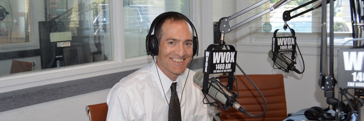 Photo of Scott Richman in the WVOX radio studio - AJC Live Interview with Rabbi David Saperstein - October 16 