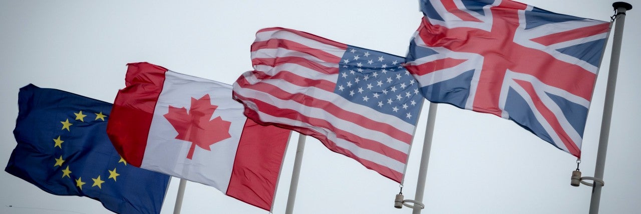 Image of EU, Canadian, US, and British Flags