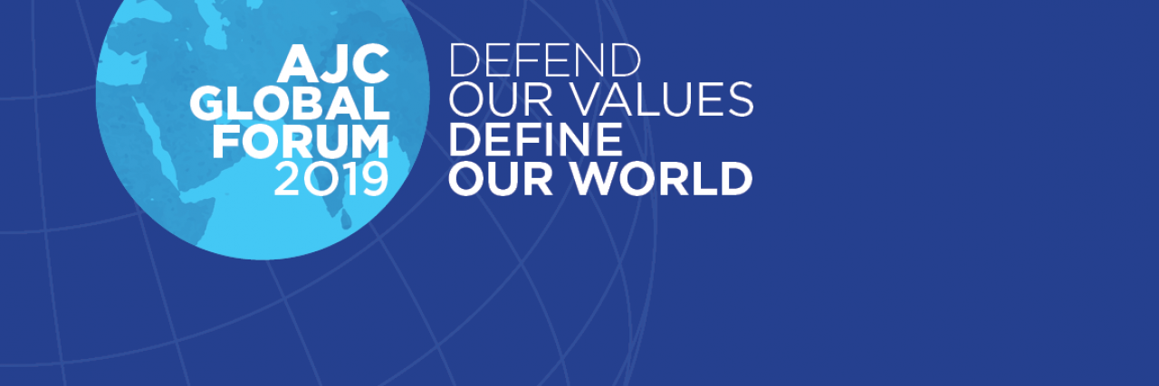 Graphic displaying AJC Global Forum - Defend our values. Define our world.
