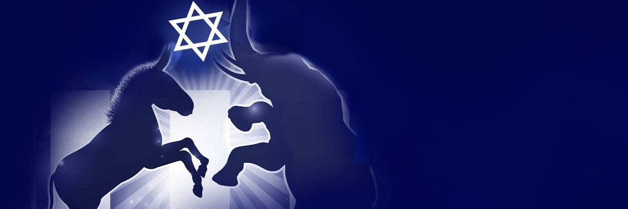 Graphic of a donkey and an elephant holding a star of David