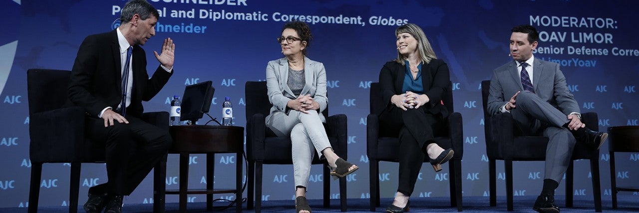 Photo of Irit Linur, Tal Schneider, Attila Somfalvi, and Yoav Limor discussing what's next for the Jewish State at AJC Global Forum 2019