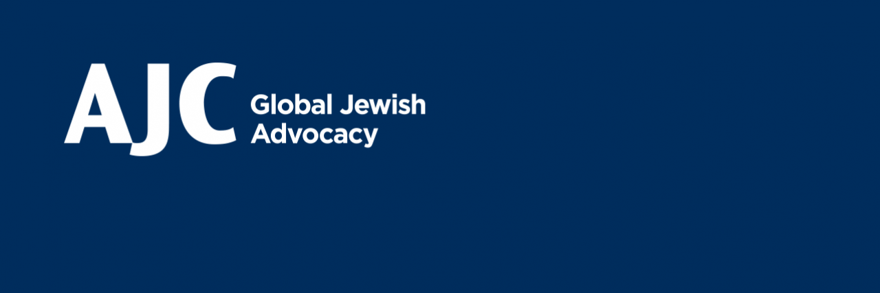 Graphic displaying AJC logo on a navy background with the word Global Jewish Advocacy