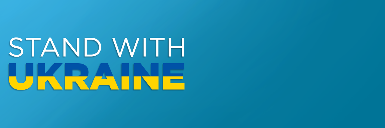 Stand with Ukraine. Ukraine is in blue and yellow. AJC Global Jewish Advocacy logo.
