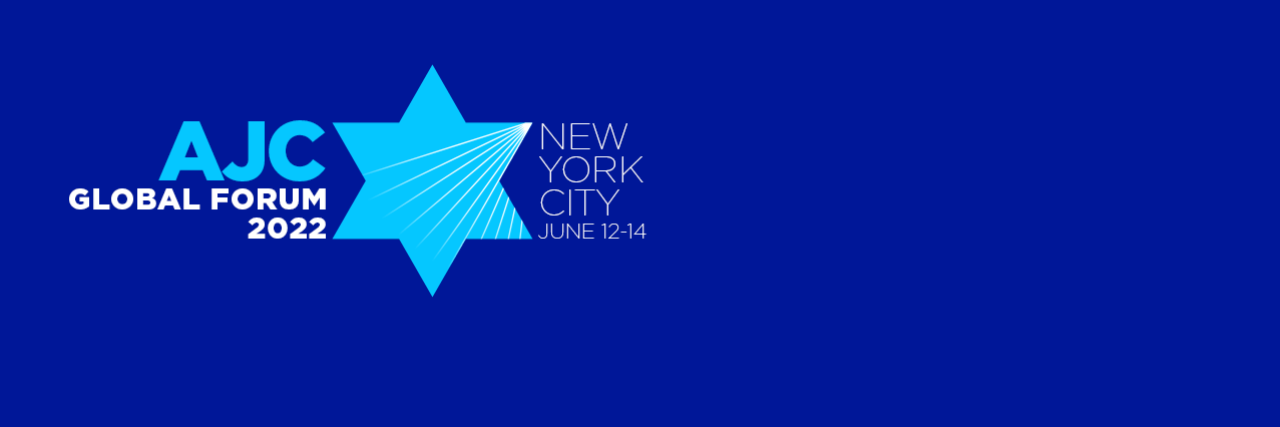 Graphic saying AJC Global Forum 2022 in New York City - June 12-14 on a dark blue background with a light blue Star of David