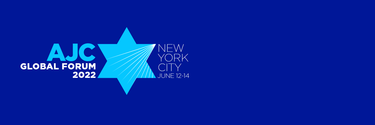 Graphic saying AJC Global Forum 2022 in New York City - June 12-14 on a dark blue background with a light blue Star of David 