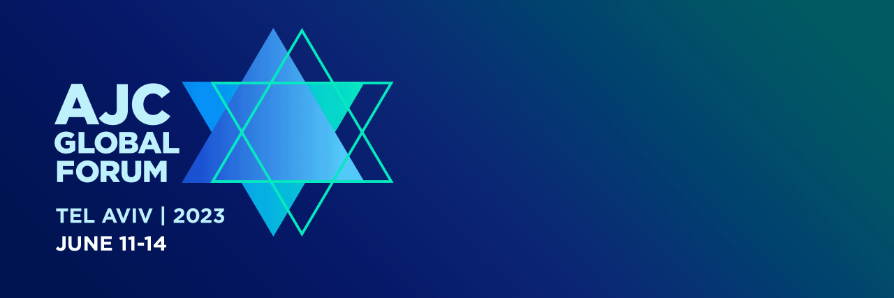 Graphic saying AJC Global Forum 2023 in Tel Aviv 2023 - June 11-14 on a dark blue background with Stars of David