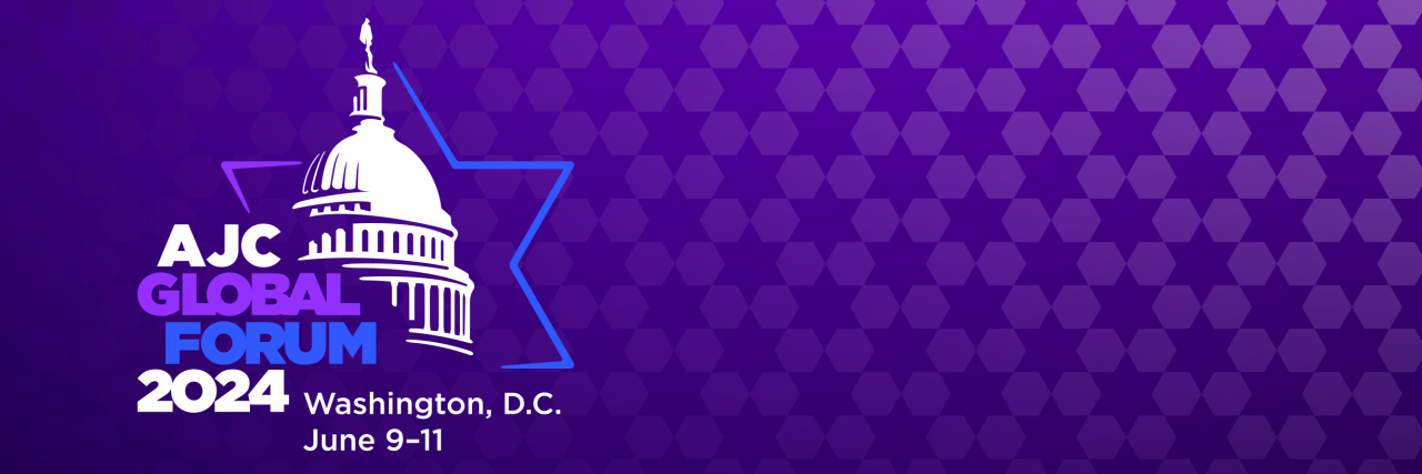 Graphic saying AJC Global Forum 2024 - Washington, D.C. - June 9-11 on a purple background with Stars of David