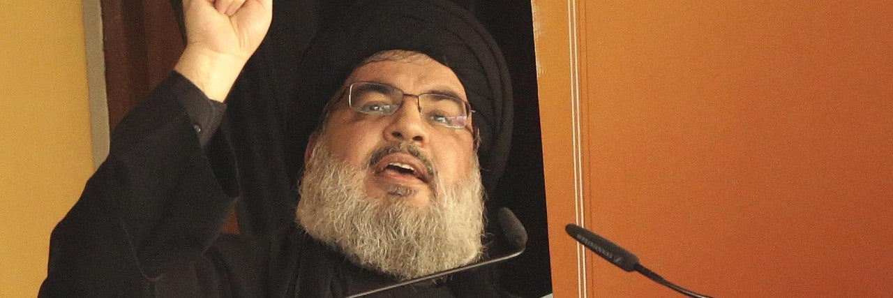 Secretary-General of Hezbollah, Hassan Nasrallah gives a speech during a Ashura Day ceremony in Beirut, Lebanon on October 24, 2015. Ashura day, the tenth day of Muharram in the Islamic calendar, is well-known because of mourning for the martyrdom of Husayn ibn Ali, the second grandson of Muhammad, who was killed during the Battle of Karbala in 680. 