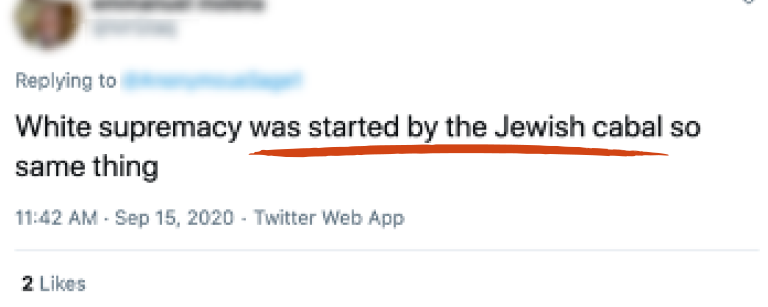Tweet reading "White supremacy was started by the Jewish cabal so same thing" with " was started by the Jewish cabal" underlined in red