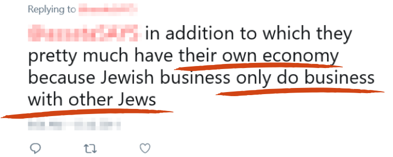 Tweet reading "in addition to which they pretty have their own economy because Jewish business only do business with other Jews" with " their own economy because Jewish business only do business with other Jews" underlined in red