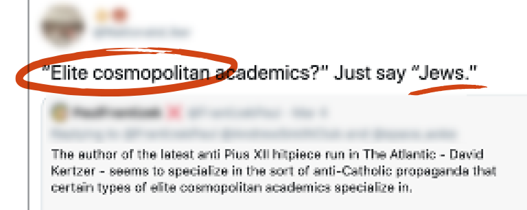 Facebook post reading "Elite cosmopolitan academics?" Just say "Jews." with Elite cosmopolitan circled in red and Jews underlined in red