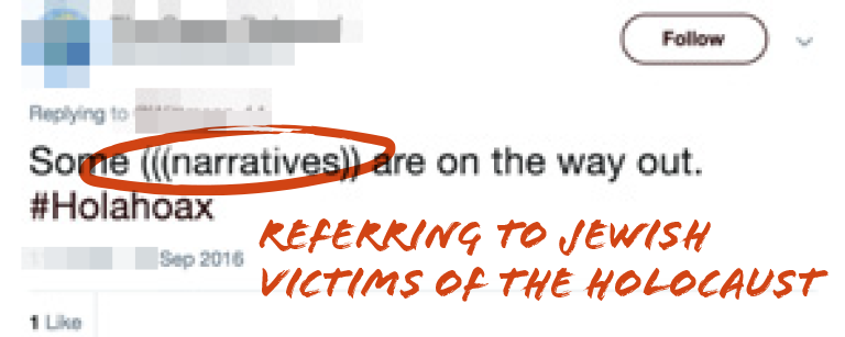 Tweet saying some (((narratives)) are on the way out #Holahoax with (((narrative)) circled in red with the caption referring to Jewish victims of the Holocaust