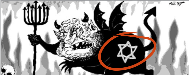 Cartoon where the Star of David is being used to make the devil Jewish, with the face of former Israeli Prime Minister Ariel Sharon.