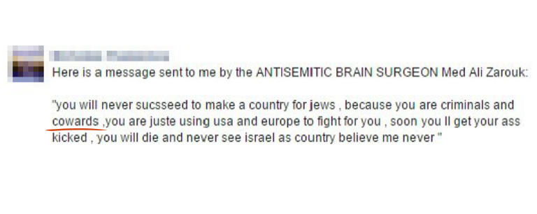 Quoted Facebook message by "antisemitic brain surgeon Med Ali Zarouk"