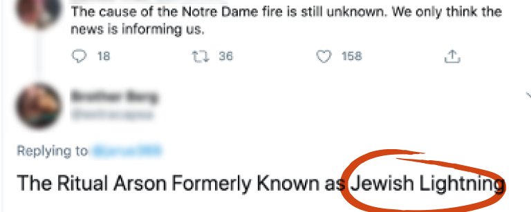 Tweet saying "The Ritual Arson Formerly Known as Jewish Lightning" with "Jewish Lightning" circled in red
