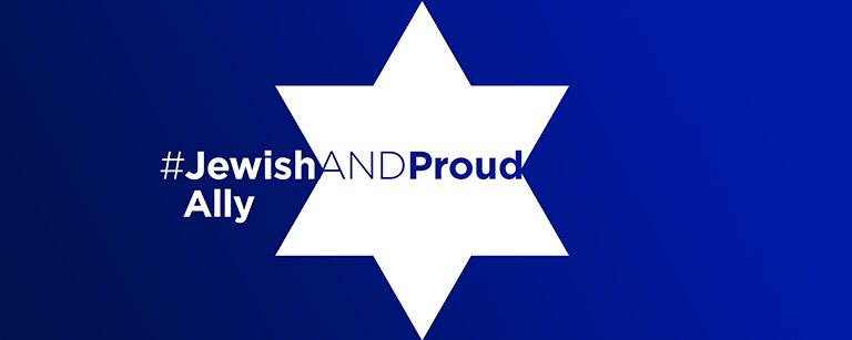 #JewishandProud Ally written on a navy background