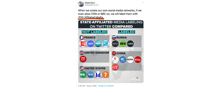 Tweet saying, "When we create our own social media networks, if we even allow CNN or BCC on, we will label them with ZOG Affiliated Media." With Zog Affiliated Media underlined