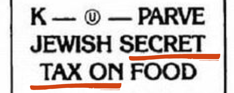Graphic saying "K - u in a circle - parve Jewish secret tax on food" with "Secret Tax" underlined in red