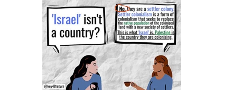 Two women speaking- one says, 'Israel' isn't a country. No, they are a settler colony. Settler colonialism is a form of colonialism that seeks to replace the native population of the colonized land with a new society of settlers. That is what 'Israel' is Palestine the country they are colonizing.