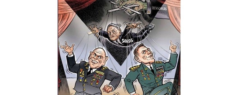 An antisemitic political cartoon showing the Rothschilds puppeteering philanthropist George Soros, who is further puppeteering U.S. military leaders.