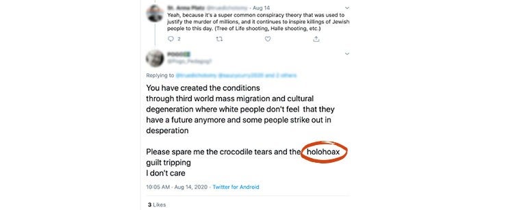 A post using the word “Holohoax” to imply Jews use the Holocaust as a “guilt-tripping” tactic.