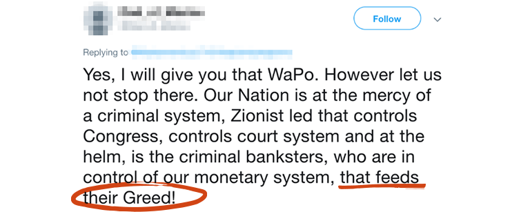 Tweet saying "Yes, I will give you that WaPo. However let us not stop there. Our Nation is at the mercy of a criminal system, Zionist led that controls Congress, controls court system and at the helm, is the criminal banksters, who are in control of our monetary system, that feeds their Greed!" with "that feeds" underlined in red and "their Greed" circled in red