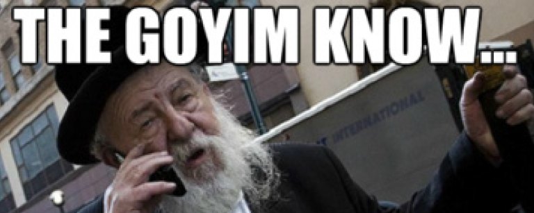 Meme of a Hasidic Jewish man on a cellphone with the words "The Goyim Know..." 