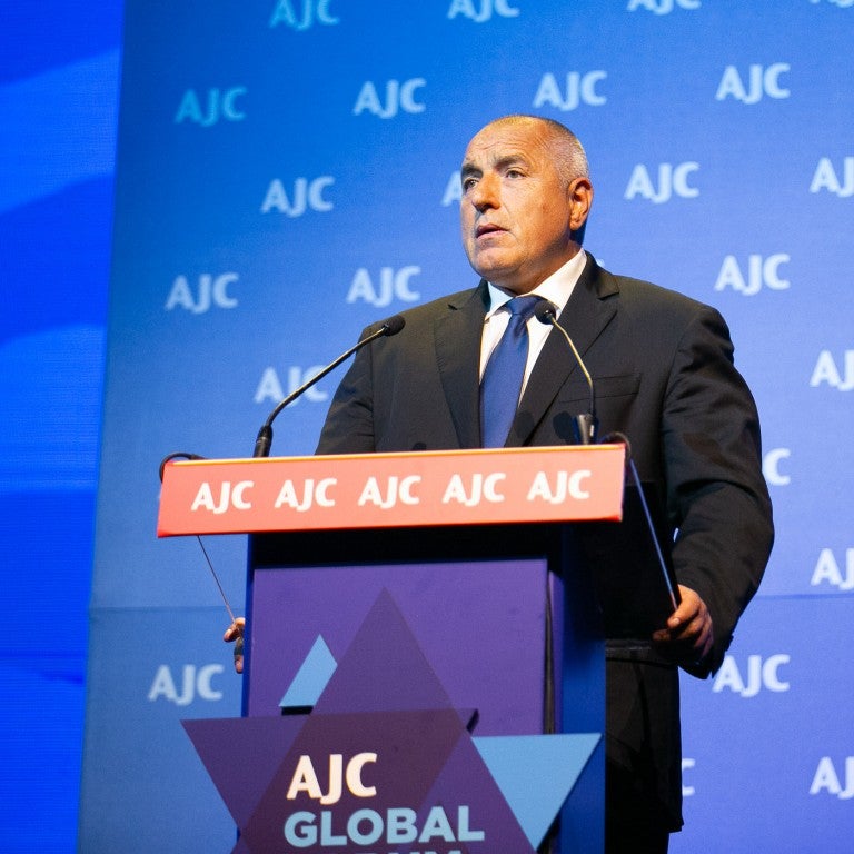 Photo of Bulgarian Prime Minister Boyko Borissov speaking at AJC Global Forum 2018