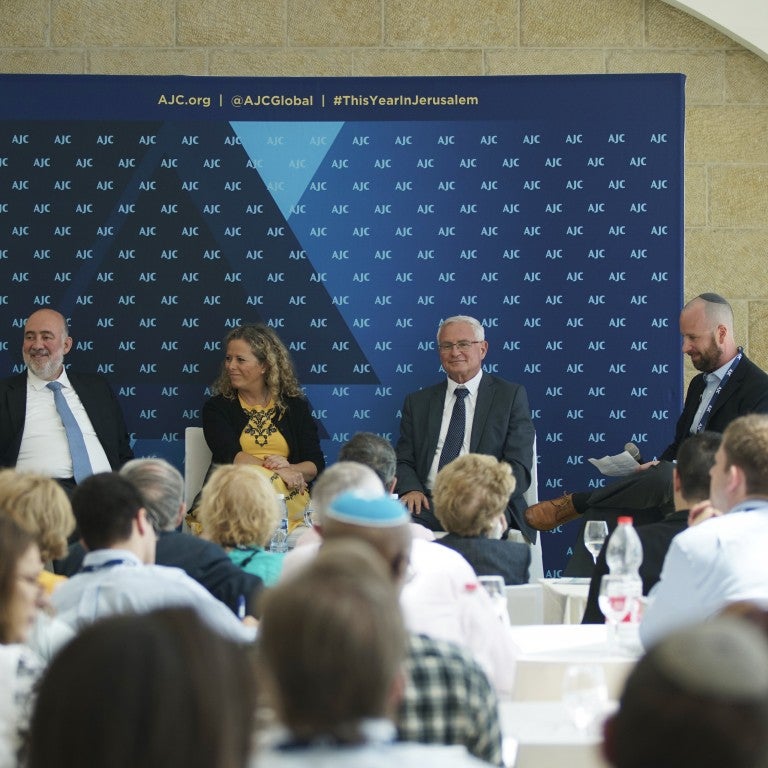 Photo of Yaakov Katz, Ron Prosor, Sallai Meridor, Member of Knesset Ayelet Nahmias-Verbin Address AJC in a session