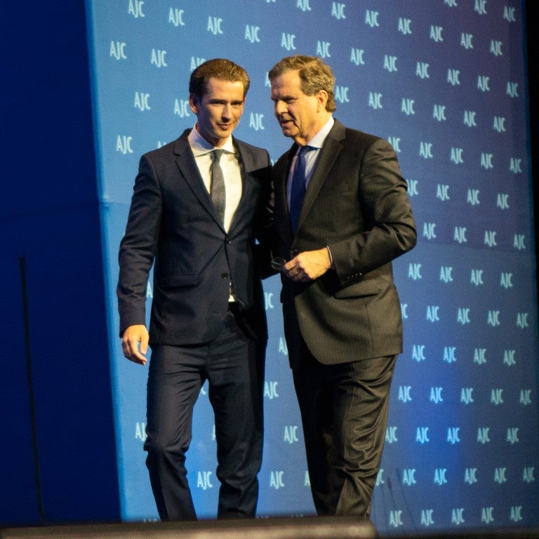 Photo of AJC CEO David Harris and Austrian Chancellor speaking at AJC Global Forum