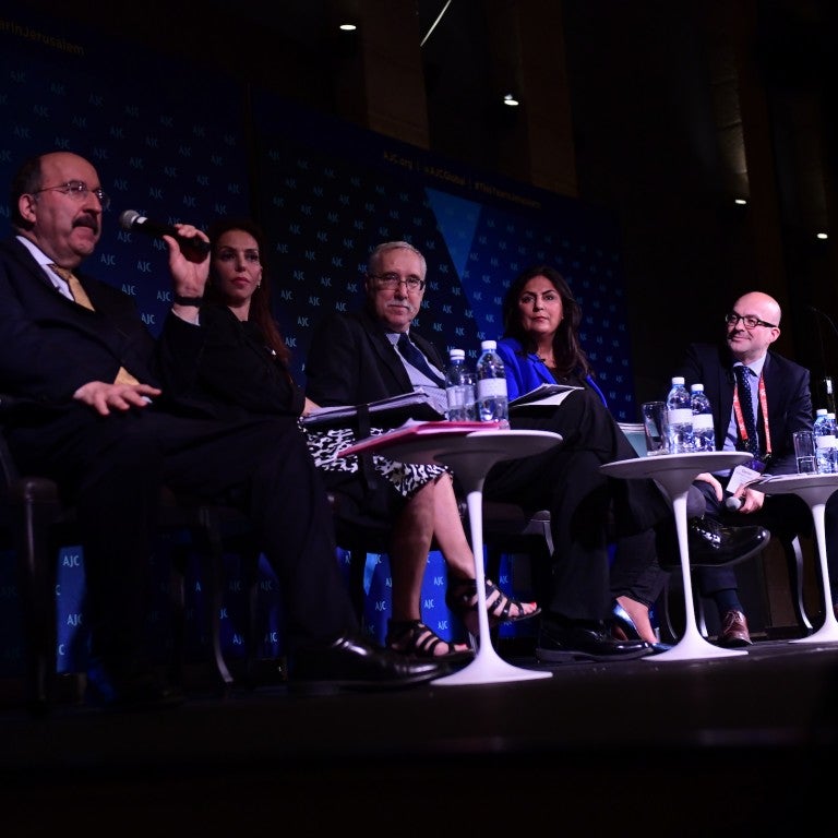 Photo of Daniel Schwammenthal, Simone Rodan-Benzaquen, Dore Gold, President Gerald Steinberg, and Düzen Tekkal at AJC Global Forum 2018