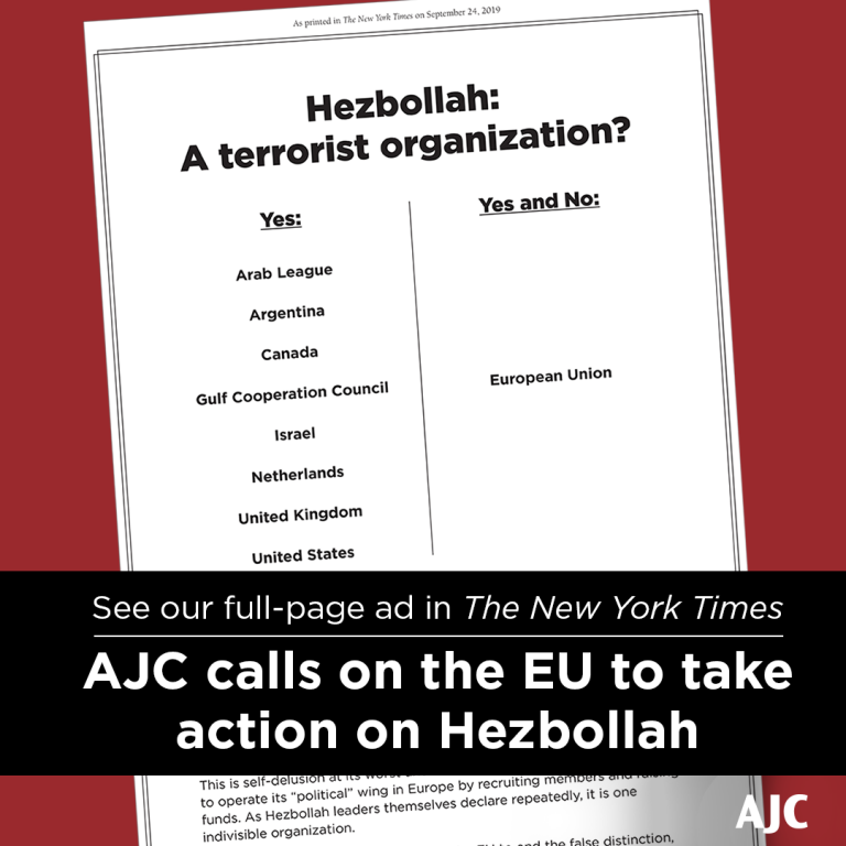 See our full-page ad in The New York Times: AJC calls on the EU to take action on Hezbollah