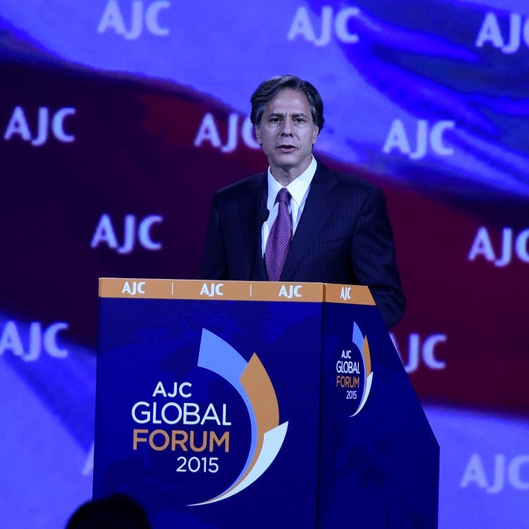 As Deputy Secretary of State, Blinken addressed the 2015 AJC Global Forum in Washington