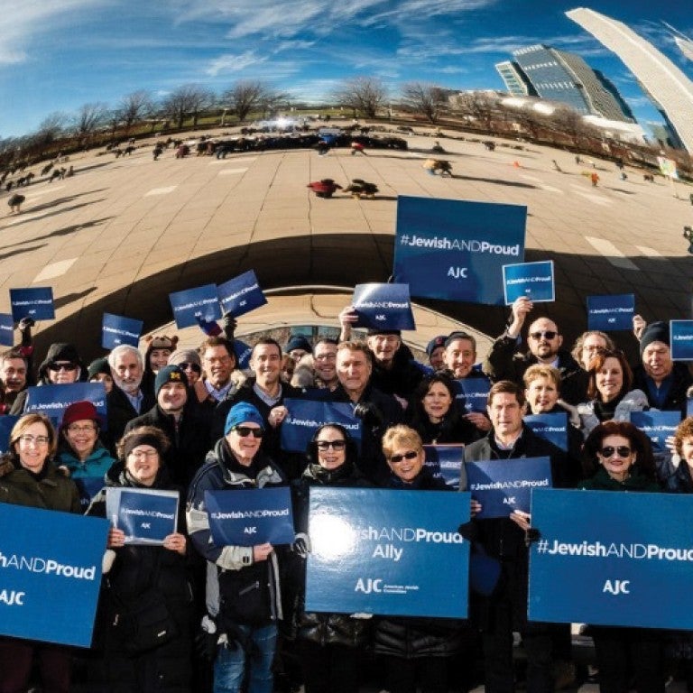 Members of Chicago's Jewish community gather at Chicago's Millenium Park to mark AJC's #JewishandProud Day.