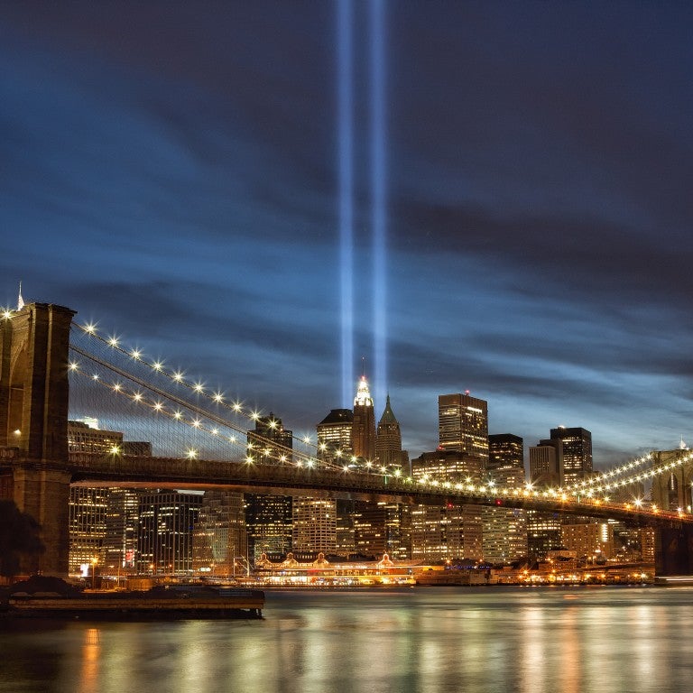 Photo of 9/11 lights and New York's Brooklyn Bridge