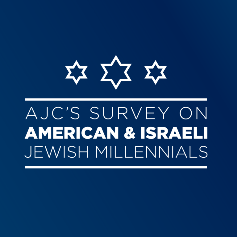 Graphic saying AJC's Survey on American & Israeli Jewish Millennials in white on a dark blue teal background