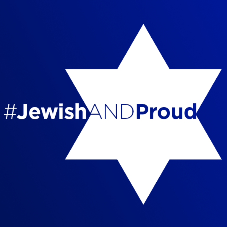 #JewishandProud written on a navy background with a white star of David