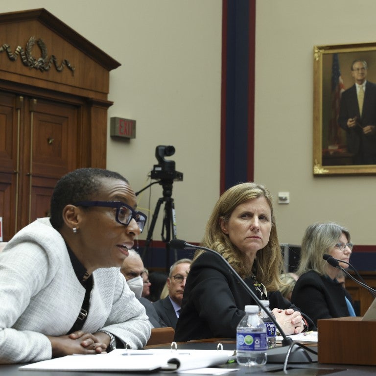 (L-R) Dr. Claudine Gay, President of Harvard University, Liz Magill, President of University of Pennsylvania, and Dr. Sally Kornbluth, President of Massachusetts Institute of Technology, testify before the House Education and Workforce Committee at the Rayburn House Office Building on December 05, 2023 in Washington, DC. The Committee held a hearing to investigate antisemitism on college campuses. 