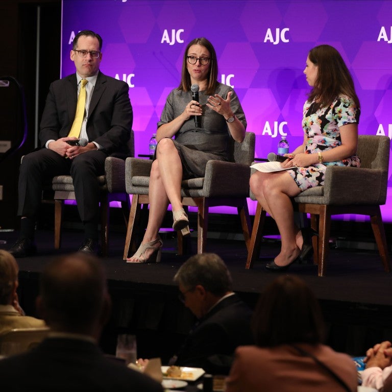 Julie Fishman Rayman, AJC Managing Director, Policy and Political Affairs sitting down with experts at AJC's 2024 Global Forum.
