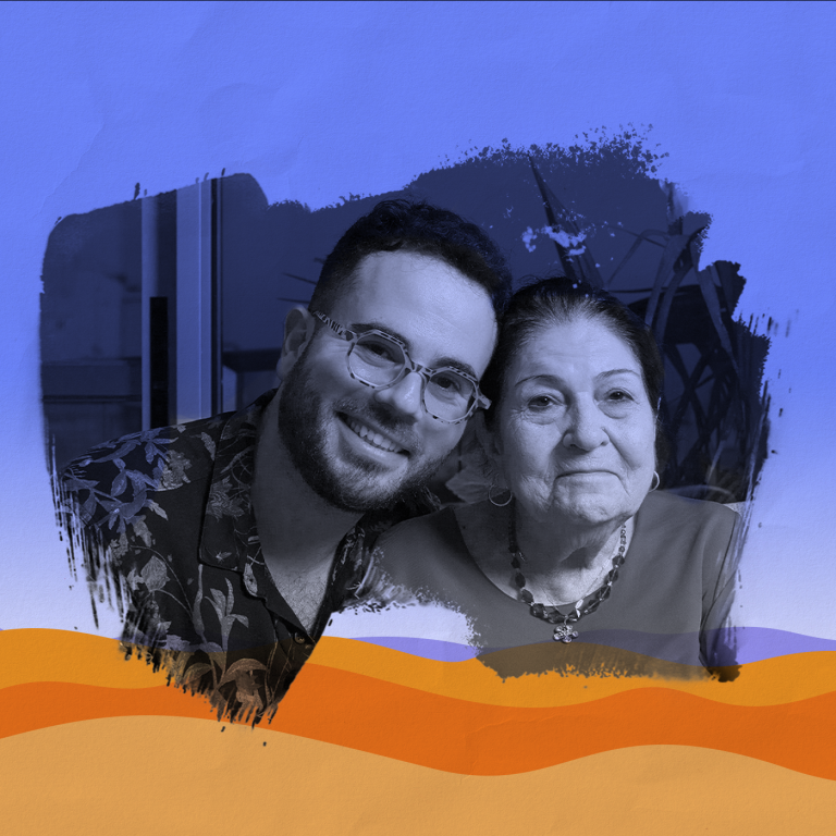 Photo of Hen Mazzig smiling with his grandmother Kamisa, paintbrush effect around the photo, laid over a graphic representation of the desert