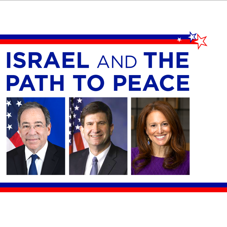 Israel and the Path to Peace" event promotional image with three headshots and patriotic-themed border with stars and stripes. Headshot images include: Thomas R. Nides, Brad Schneider, and Halie Soifer