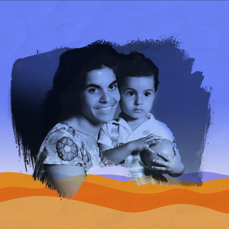 Photo of Adiel Cohen's grandmother Sarah smiling with her son Itamar, paintbrush effect around the photo, laid over a graphic representation of the desert