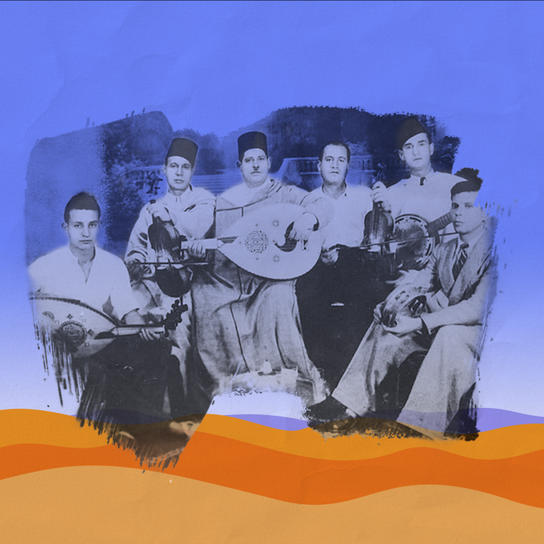 Photo of orchestra in Morocco, paintbrush effect around the photo, laid over a graphic representation of the desert