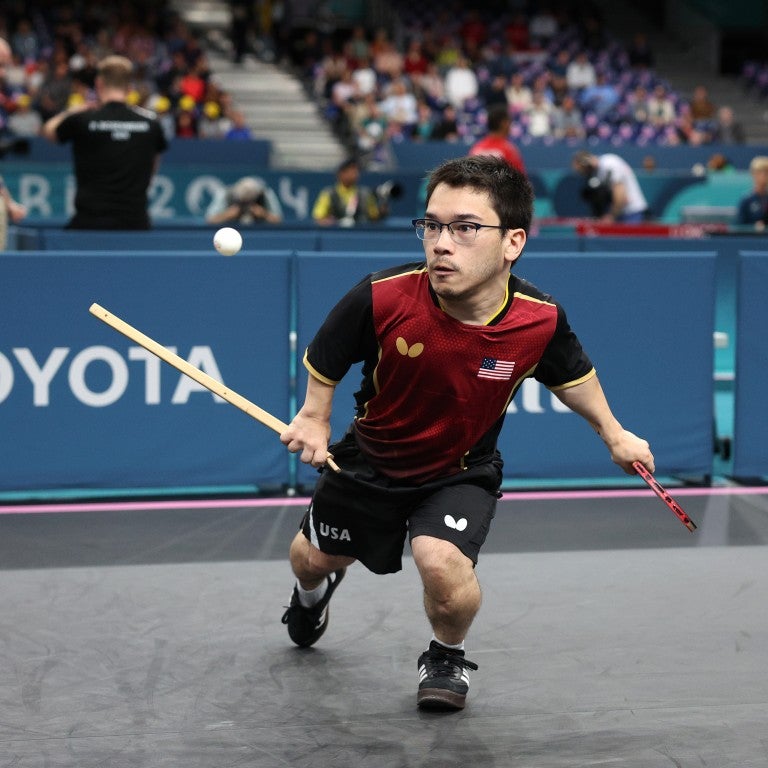 Ian Seidenfeld of Team United States returns a shot to Matteo Parenzan of Team Italy during their Men's Singles - MS6 - Semifinal 2 on day eight of the Paris 2024 Summer Paralympic Games at South Paris Arena on September 05, 2024 in Paris, France.