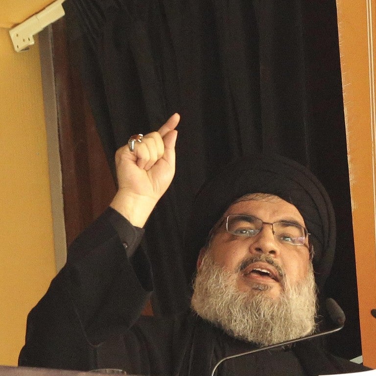 Secretary-General of Hezbollah, Hassan Nasrallah gives a speech during a Ashura Day ceremony in Beirut, Lebanon on October 24, 2015. Ashura day, the tenth day of Muharram in the Islamic calendar, is well-known because of mourning for the martyrdom of Husayn ibn Ali, the second grandson of Muhammad, who was killed during the Battle of Karbala in 680. 